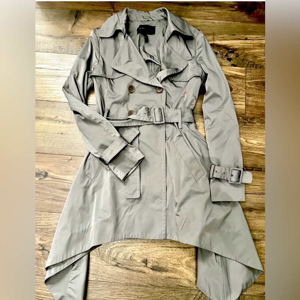 BCBG MaxAzria Ruffle Trench Coat w/ Tiered ruffle back detail in gray, size XS